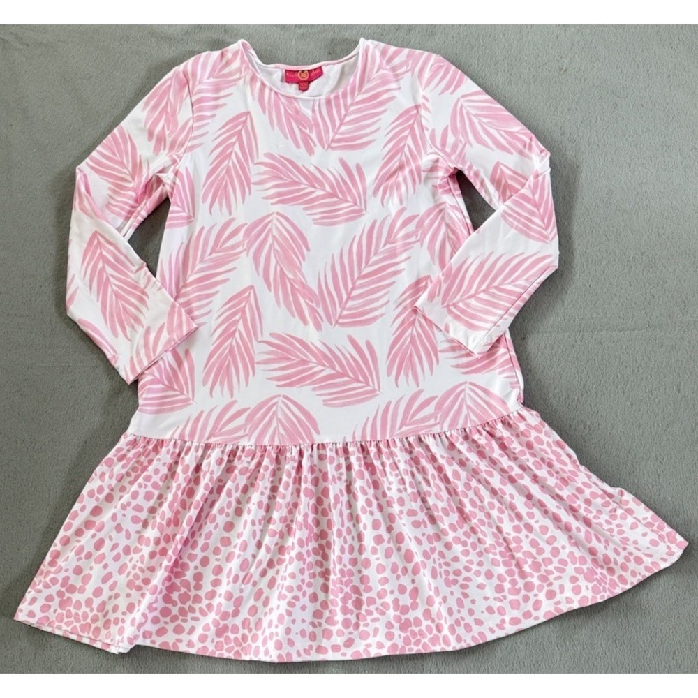 Kaeli Smith Pink Palm Print Drop Waist Polka Dot Ruffle Hem Dress XS Made USA